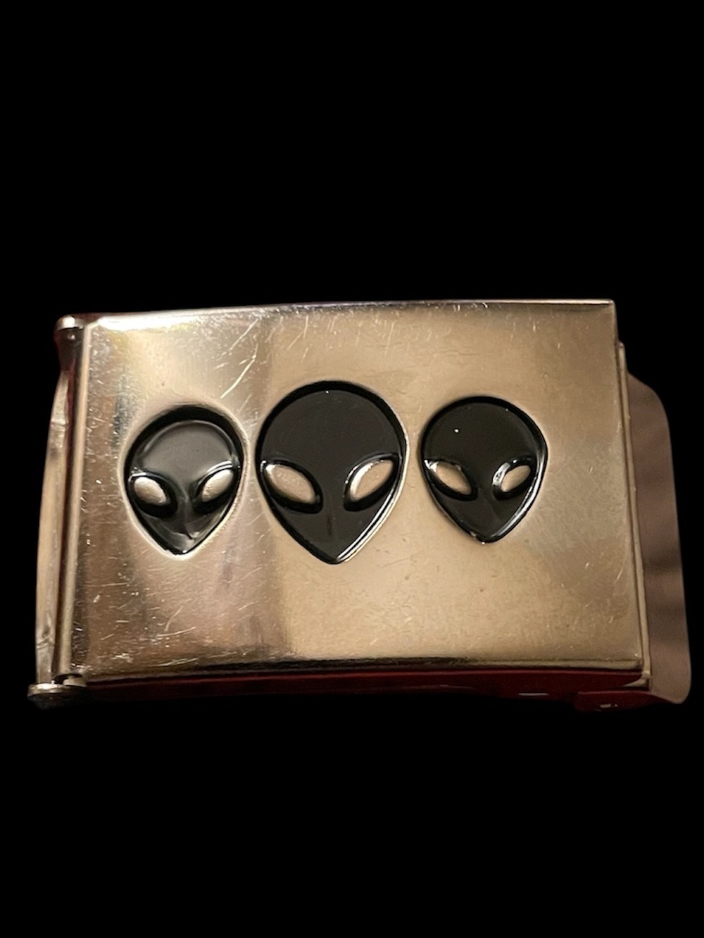 Vintage 90’s silver and black Triple alien head military style web belt buckle